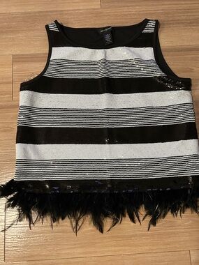 Ashley Stewart Black and White Striped Feather Hem Tank